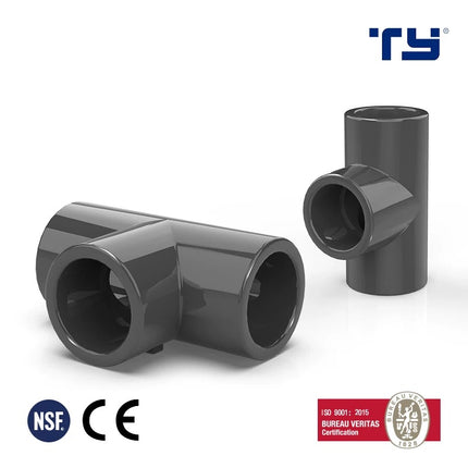 DIN PVC tee fitting for three-way pipe connections in aquarium, irrigation, and industrial plumbing systems.