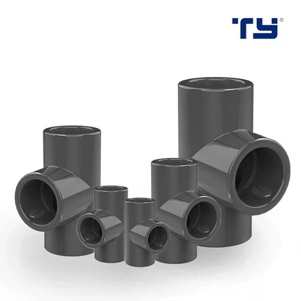 DIN PVC tee fitting for three-way pipe connections in aquarium, irrigation, and industrial plumbing systems.