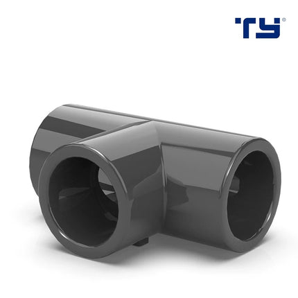 DIN PVC tee fitting for three-way pipe connections in aquarium, irrigation, and industrial plumbing systems.